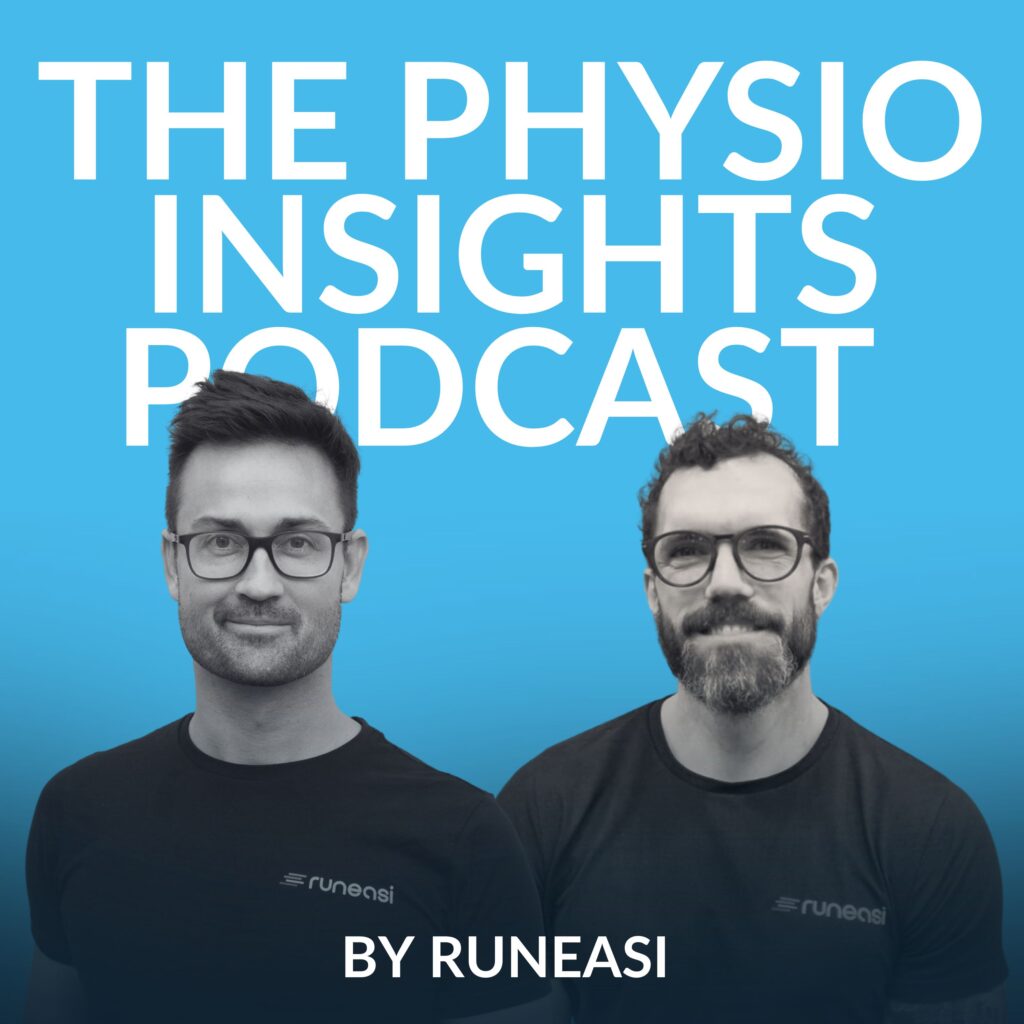 Cover image for "The Physio Insights Podcast by Runeasi". The background is a bright blue gradient with large white text stating the podcast title. Two men wearing black Runeasi-branded t-shirts and glasses are pictured from the chest up. The man on the left has short dark hair, and the man on the right has curly hair and a beard. The overall design is clean and professional.